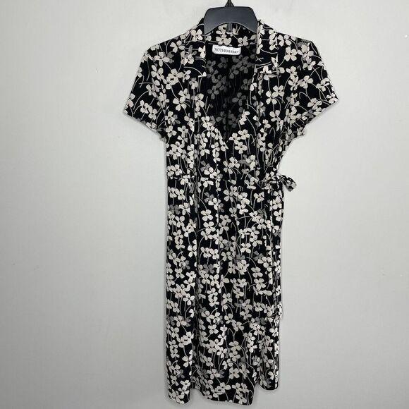 MOTHERHOOD Black Floral Maternity Jersey Dress Wrap Stretch Short Sleeve Medium - Picture 1 of 7
